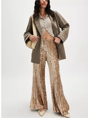 Free People Star Sign Crushed Velvet Pants Champagne Beige Ribbed Wide Leg Flare